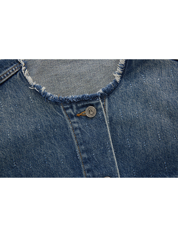 Clear Beads No-collar Denim Jacket