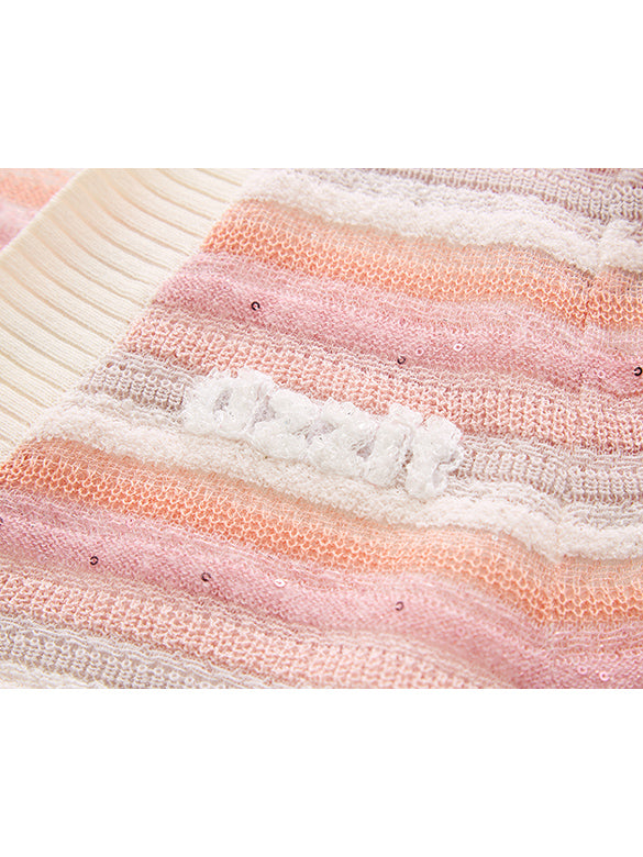 Sequins Design Pink Stripe Knit Cardigan
