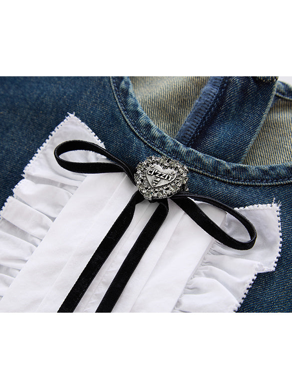 Frill Combination Denim Dress