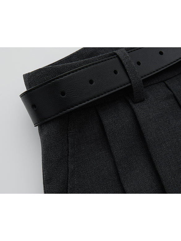Combination Belted Pleats Short Pants