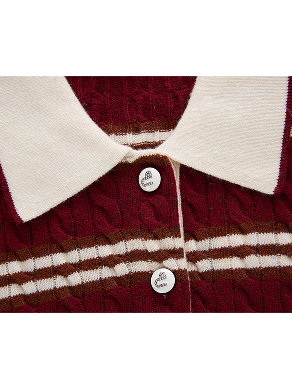 Retro Color Stripe Polo-Knit Top