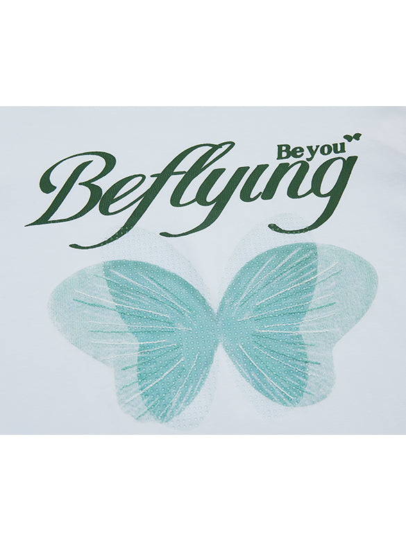 Butterfly Printed & Beads Compact T-shirt