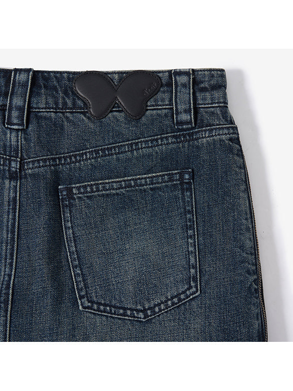 Side Zipper Denim Skirt-Pants