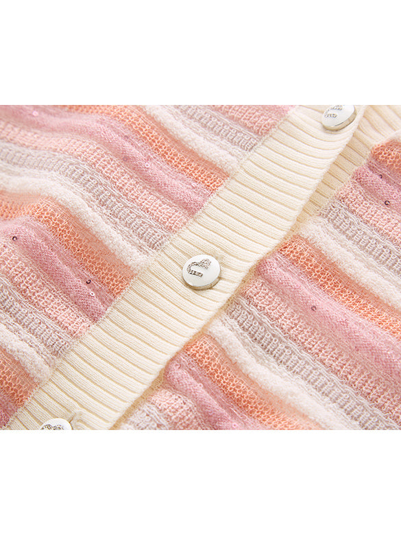 Sequins Design Pink Stripe Knit Cardigan