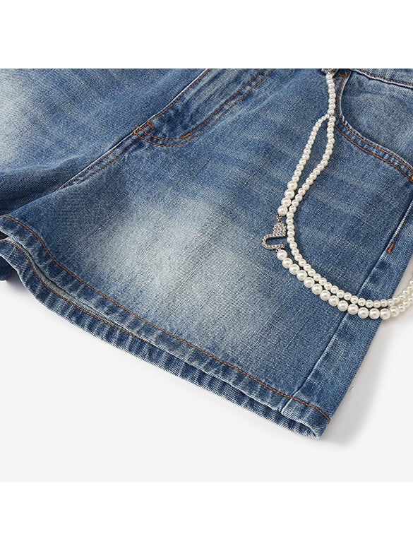 Pearl Wallet-chain Denim Short Pants