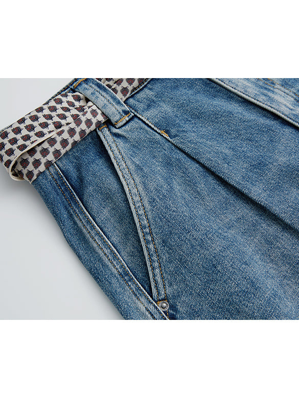 Scarf Belted Denim Half Pants