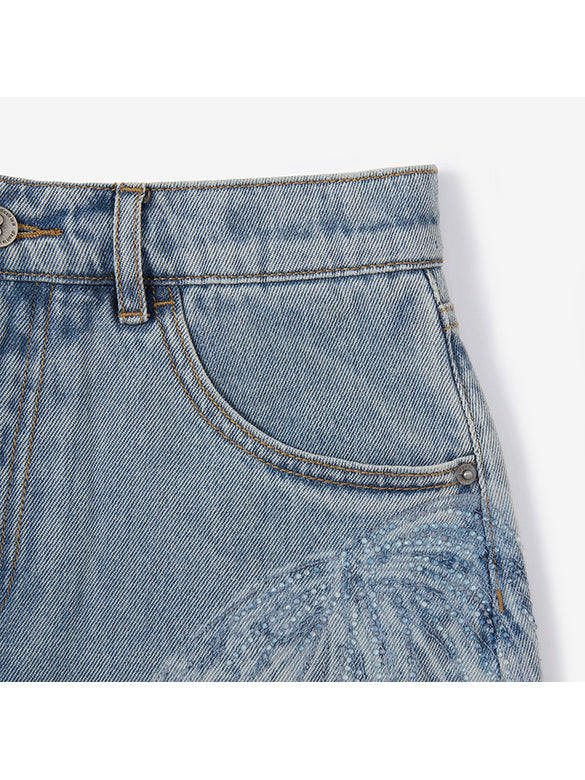 Clear Beads Ribbon Denim Short Pants