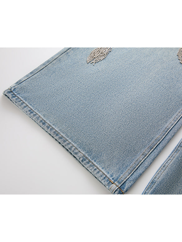 Beads Fringe Design Denim Pants