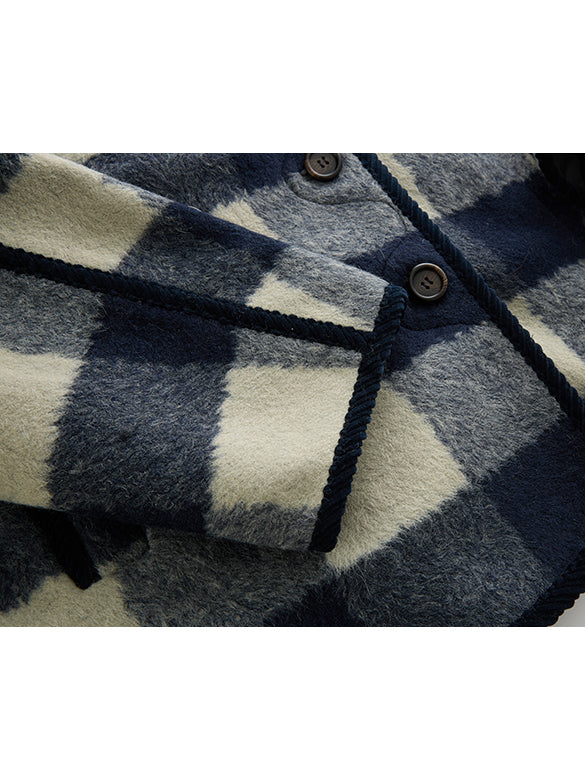 Plaid No-collar Wool Coat