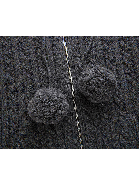Pompon Design Knitting Zipper Hoodie