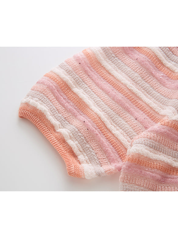 Sequins Design Pink Stripe Knit Cardigan