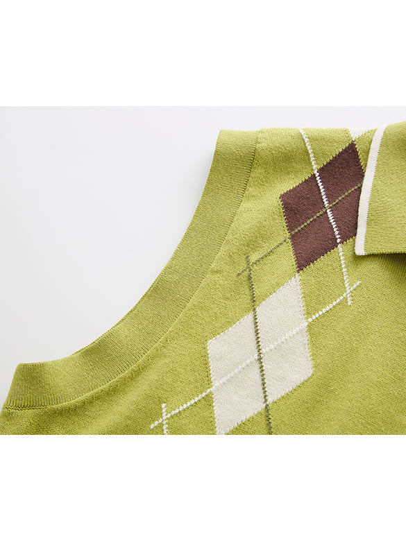 Retro Argyle Sleeveless Polo Knit