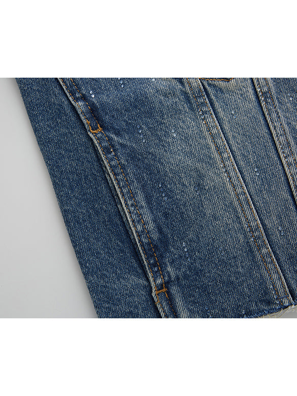 Clear Beads No-collar Denim Jacket