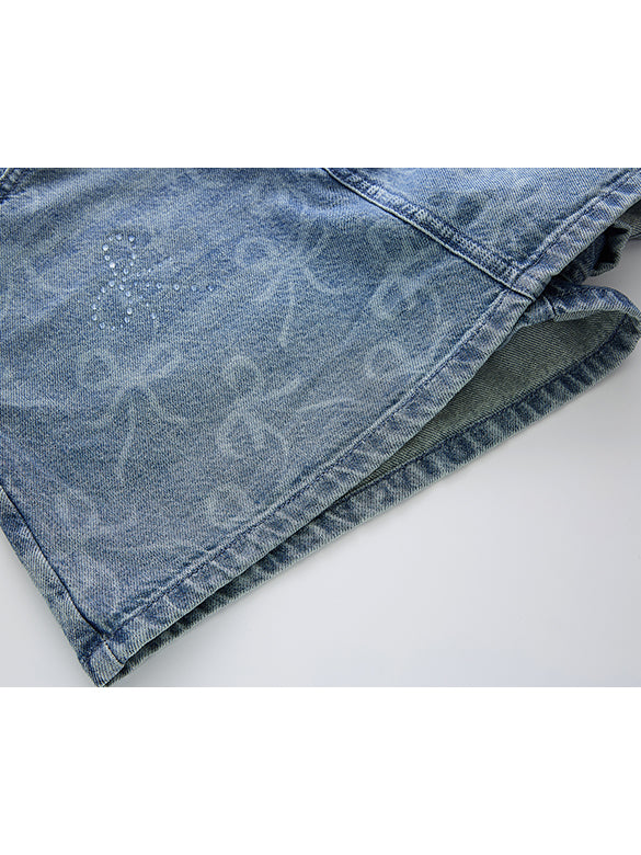 Ribbon Printed Denim Short Pants