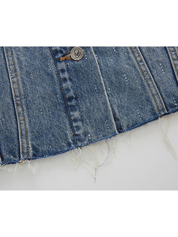 Clear Beads No-collar Denim Jacket