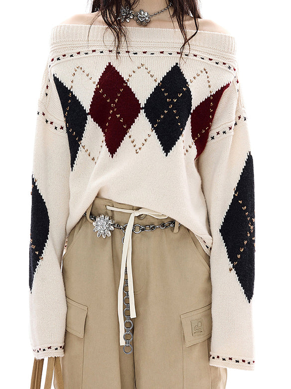 Argyle Off-shoulder Knit Top