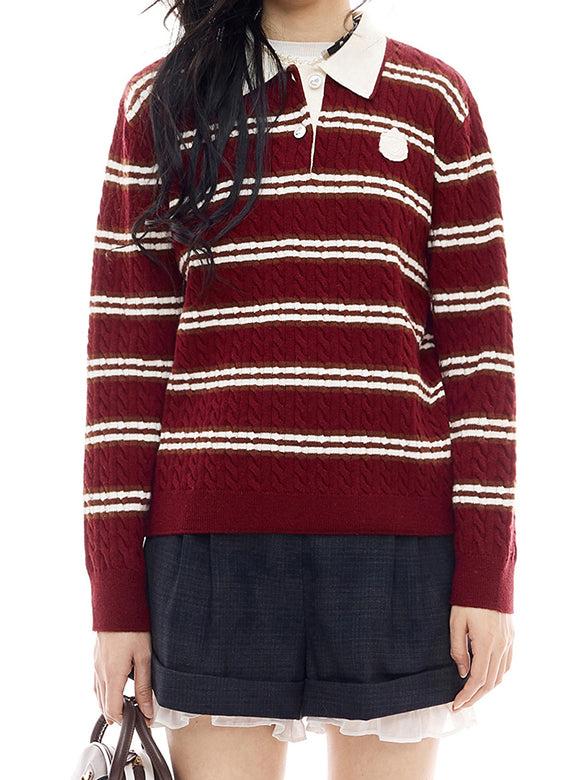 Retro Color Stripe Polo-Knit Top