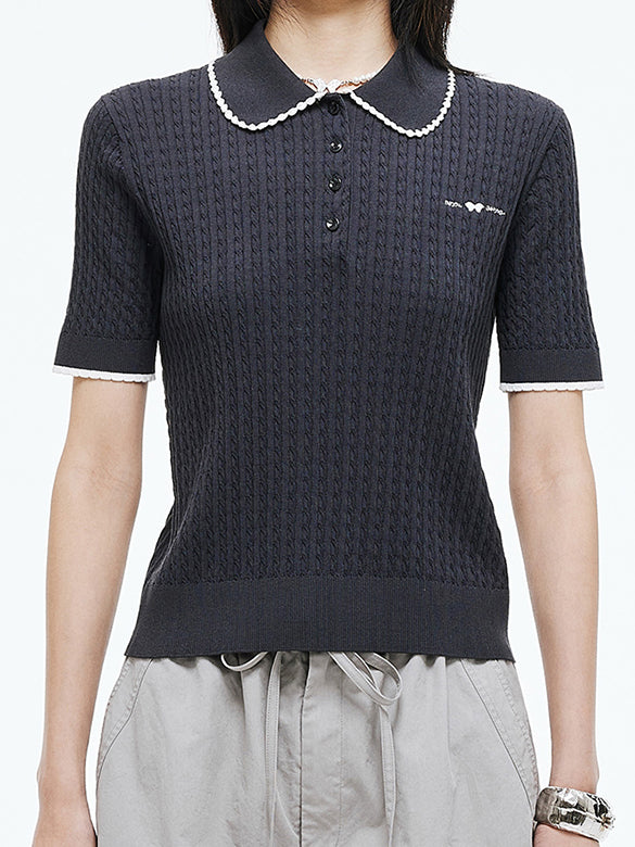 Frill Piping Polo Knit Top
