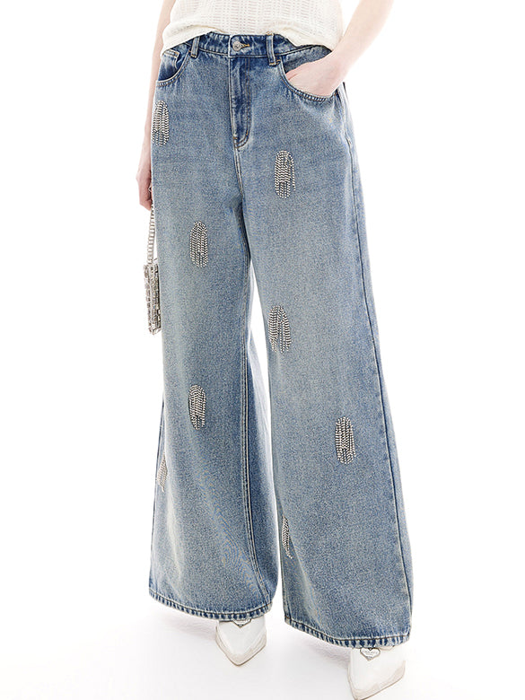 Beads Fringe Design Denim Pants