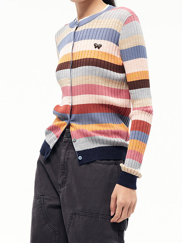 Retro Color Stripe Rib Knit Cardigan