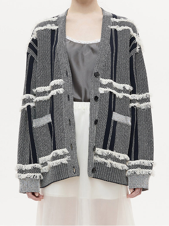 Design Pattern Fringe Knit Cardigan