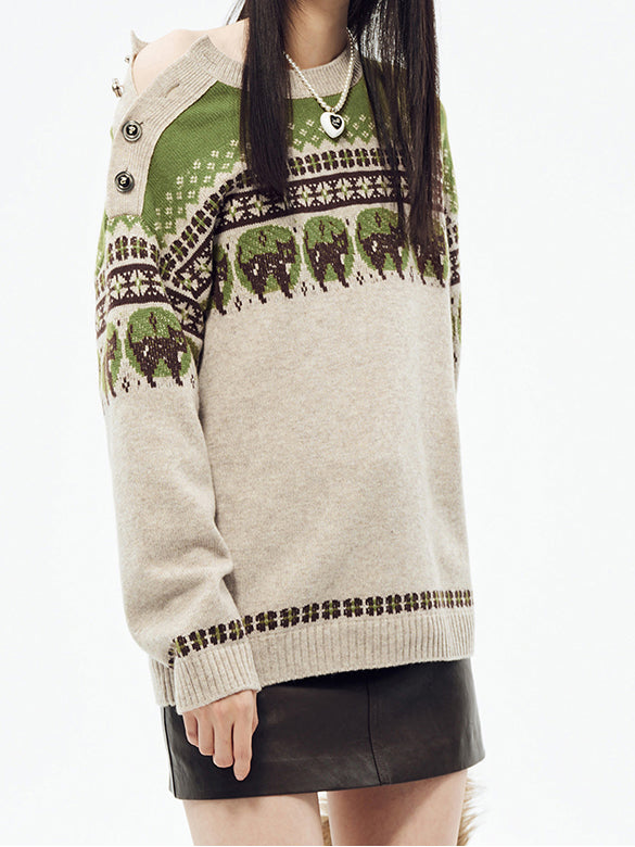 Cat Design Shoulder Button Knit