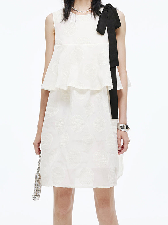 Bi-color Ribbon Sleeveless Dot Dress