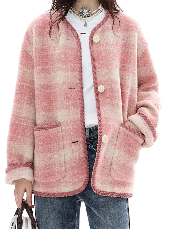 Piping Design Pink Plaid Coat