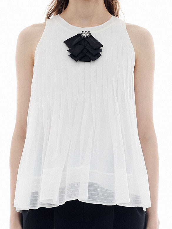 Ribbon Brooch Sheer Sleeveless Top