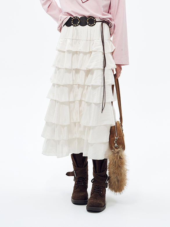 Satin Tiered Belted Skirt