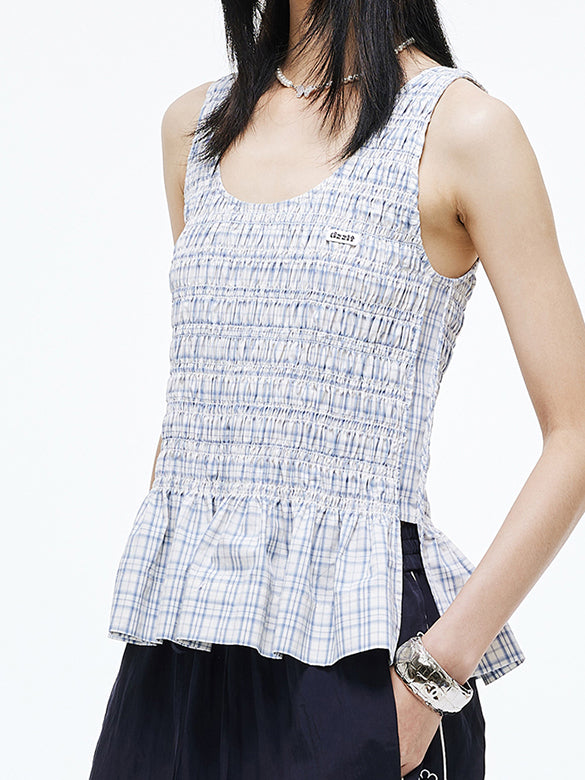 Plaid Gather Sleeveless Top
