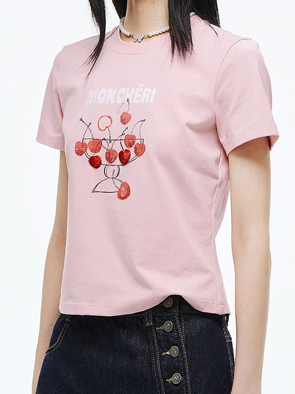 Cherry Printed & Beads T-shirt