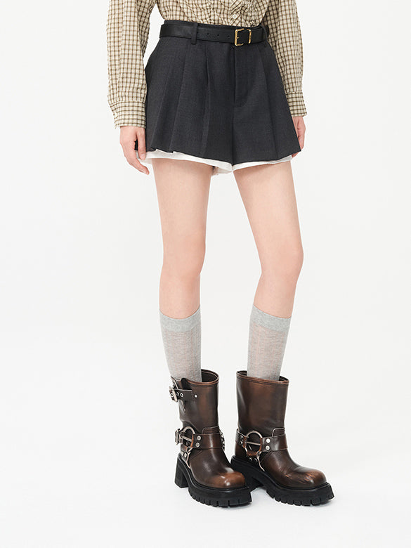 Combination Belted Pleats Short Pants