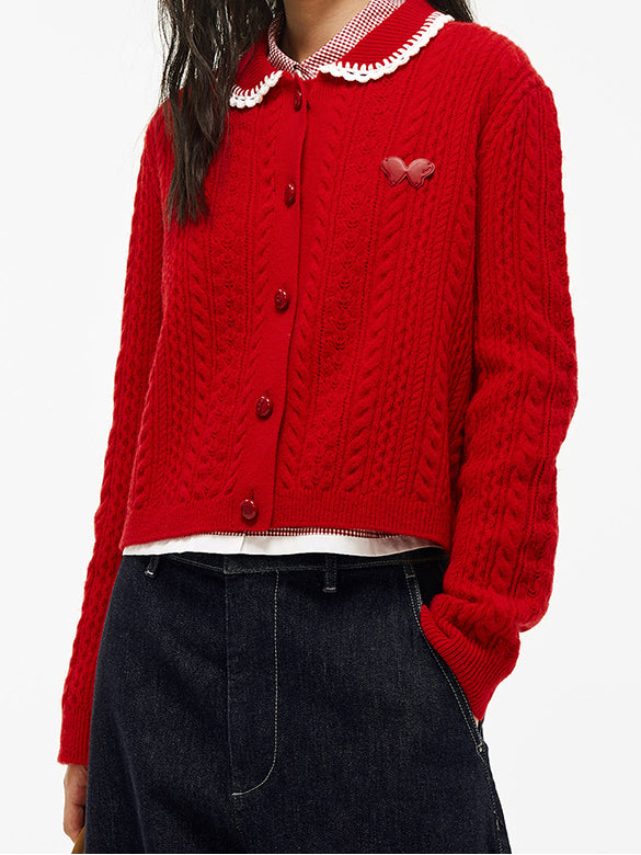 Bi-color Frill Collar Knit Cardigan