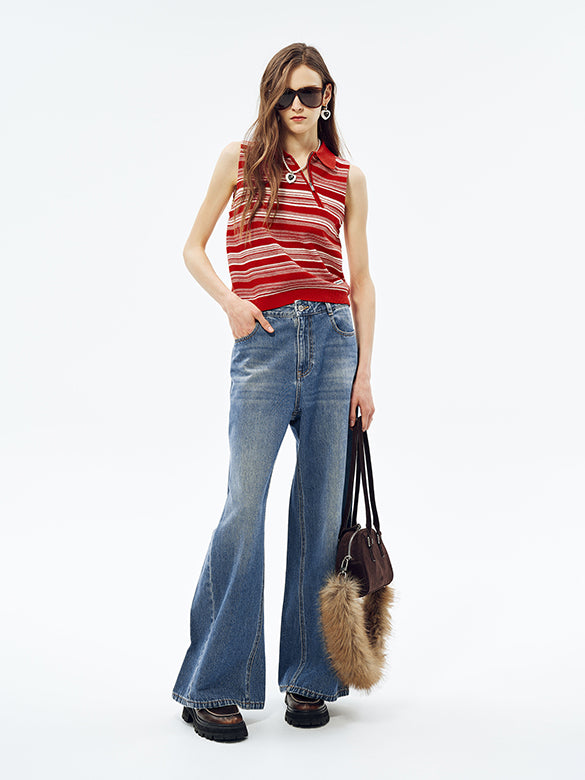 Random Pitch Stripe Sleeveless Zipper Knit