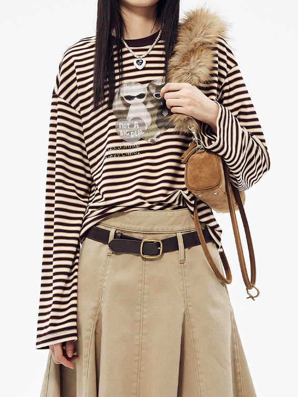 Cat Printed Stripe Long Sleeves T-shirt