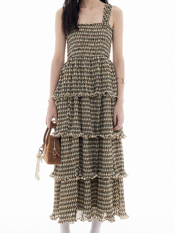 Cat Printed Tiered Chiffon Dress
