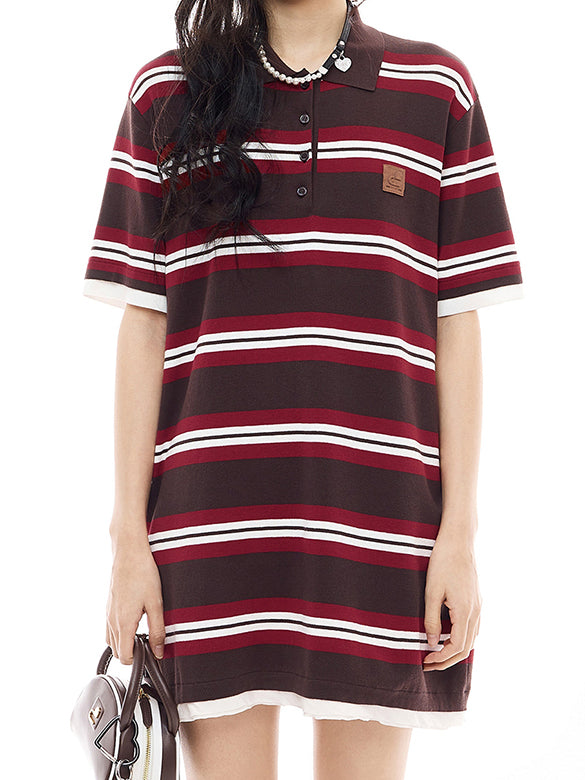 Retro-color Stripe Polo Knit Dress