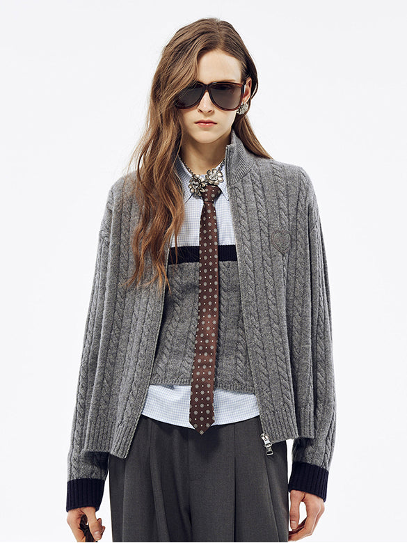 Bi-color Hem Zipper Knit Cardigan