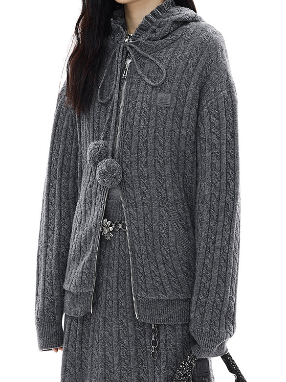Pompon Design Knitting Zipper Hoodie