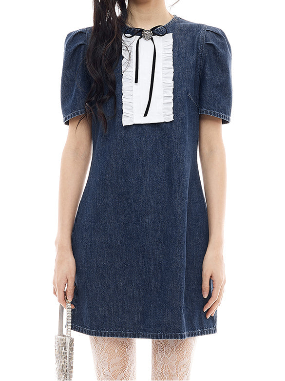 Frill Combination Denim Dress