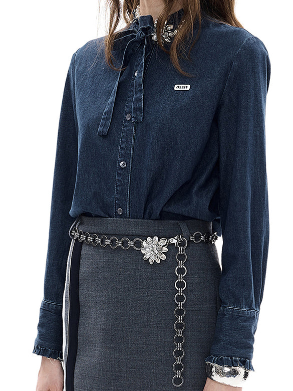 Frill-collar Bow-tie Denim Shirt