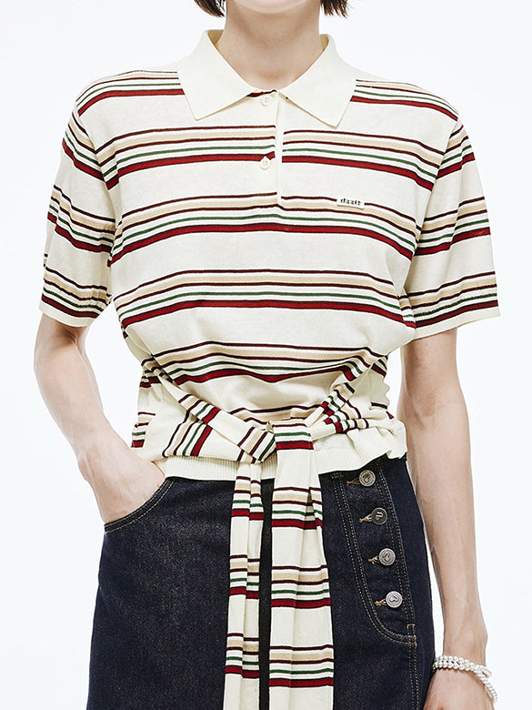 Retro Color Stripe Design Polo Knit