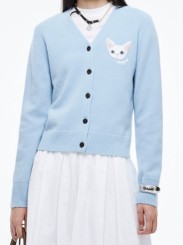Cat Embroidery Knit Cardigan