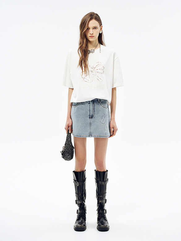 Clear Beads Ribbon Denim Short Pants