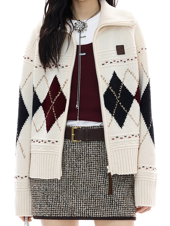 Argyle Zipper Knit Cardigan