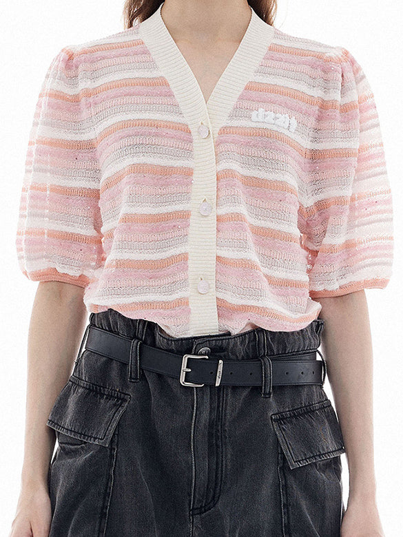 Sequins Design Pink Stripe Knit Cardigan