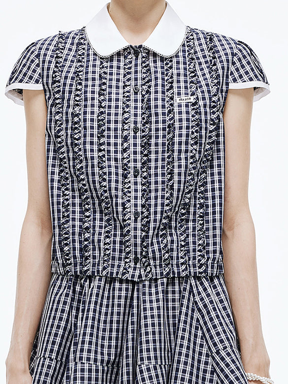 Plaid Feminine Frill Blouse