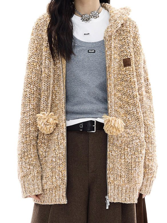 Pompon Knit Zipper Hoodie