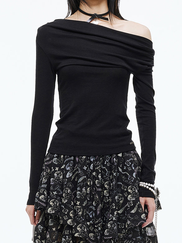 One-shoulder Gather Long Sleeves Top